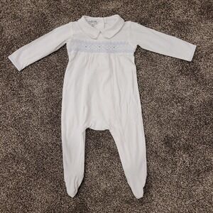 Magnolia Baby White Blue Smocked Pima Cotton Footie Romper Peter Pan Collar 9M